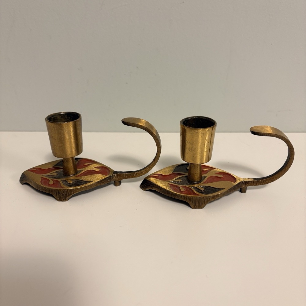 Terra Sancta Guild Pair Of Candle Holders Israel Brass Flame Design Brown Red